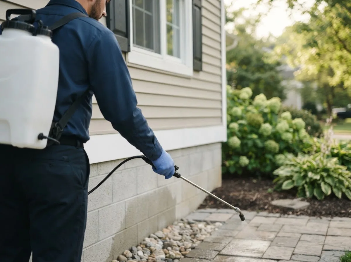 Pest control technician inspecting a home in Luther, MI